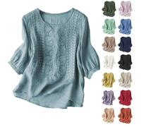 Cocila Deals of The Day UK Womens Casual 3/4 Sleeve T-Shirts Ladies Tops 2025 Summer Embroidery Crew Neck Breathable Pleated Tops Fashion Dressy Tunic Trendy Blouses Plus Black of Friday Sale Deals