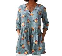 Cocila Deals of The Day UK Womens Linen Tops with Pockets Summer Vintage Floral Printed Tunic Top V Neck 3/4 Sleeve T-Shirt Baggy Swing Tee Shirts Casual Trendy Plus Size Blouse Black of Friday