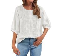 Cocila Deals Womens Casual 3/4 Sleeve T-Shirts Ladies Tops 2025 Summer Embroidery Crew Neck Breathable Pleated Tops Fashion Dressy Tunic Trendy Blouses Plus Size Black of Friday Deal