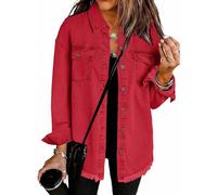 Cocila Denim Jackets Women UK Button Down Windproof Casual Long Frayed Hem Shacket Coats Washed 2025 Jean Solid Color Lightweight Stretch Boyfriend Jean Jacket Gift with Pockets Red XL