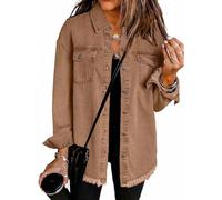 Cocila Denim Jackets Women UK Button Down Windproof Casual Long Frayed Hem Shacket Coats Washed 2025 Jean Solid Color Lightweight Stretch Boyfriend Jean Jacket Gift with Pockets Brown XXL