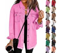 Cocila Denim Jackets Women UK Button Down Windproof Casual Long Frayed Hem Shacket Coats Washed 2025 Jean Solid Color Lightweight Stretch Boyfriend Jean Jacket Gift with Pockets Hot Pink L