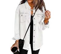 Cocila Denim Jackets Women UK Button Down Windproof Casual Long Frayed Hem Shacket Coats Washed 2025 Jean Solid Color Lightweight Stretch Boyfriend Jean Jacket Gift with Pockets White M