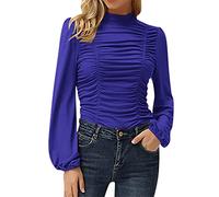 Cocila Fall Tops for Women UK Womens Elegant Turtleneck Ruched Ruffle Trim Long Sleeve Blouse Shirt Top Pack of Turtle Neck Top for Women (Blue, XXL)