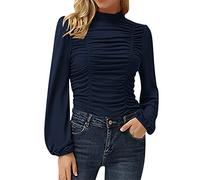 Cocila Fall Tops for Women UK Womens Elegant Turtleneck Ruched Ruffle Trim Long Sleeve Blouse Shirt Top Pack of Turtle Neck Top for Women (Navy, M)