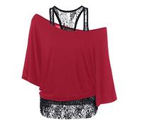 Cocila Fashion Womens Tunic Tops Loose Cold Shoulder Floral Applique Lace Mesh T-Shirt Camis Blouse(M,Red)