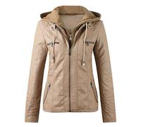 Cocila Faux Leather Jacket for Women Leather Women's Slim Zip Belt Tops Stand Jacket Suit Collar Motorcycle Coat Women's Coat Casual Vest for Women (Khaki, XXXL)
