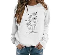 Cocila Flower Graphic Sweatshirt For Women 80S Minimalistic Printed Long Sleeves Shirt Loose Pullovers Tops Crop Sweatsuit (White, M) Womens Hoodies Black Hoodie Zipped Strawberries Fresh