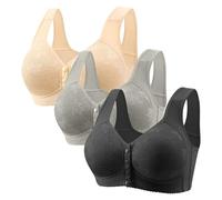 Cocila Front Fastening Bras for Women UK 3 Pieces Women's Bras Plus Size Wireless Bra High Impact Push Up Comfort Bralette Seamless Breathable Multipack Full Support Lace Bra Coffee 4XL