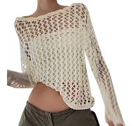 Cocila Jumper for Women UK Womens Knit Top Long Sleeve Crochet Hollow Out Crewneck Sweater Tops Oversized Shirts (White, L)