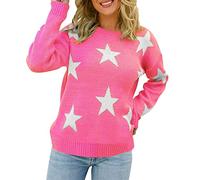 Cocila Ladies Lightweight Knit Jumper Women Long Sleeve Sweater Casual Elegant Round Neck Star Pattern Plus Size Knit Sweater Top Summer Sweatshirts for Women (Pink, S)