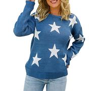 Cocila Ladies Lightweight Knit Jumper Women Long Sleeve Sweater Casual Elegant Round Neck Star Pattern Plus Size Knit Sweater Top Summer Sweatshirts for Women (Blue, S)