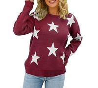 Cocila Ladies Lightweight Knit Jumper Women Long Sleeve Sweater Casual Elegant Round Neck Star Pattern Plus Size Knit Sweater Top Summer Sweatshirts for Women (Wine, XL)