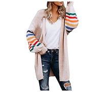 Cocila Ladies Long Sleeve Boyfriend Cardigan Ladies Overcoat Plus Size Warm Rainbow Stripe Print Long Sleeve Open Front Winter Fashion Cardigan Outwear Sweater Tops Ladies Short Cardigan (Pink, L)