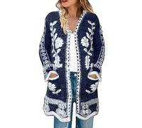 Cocila Ladies Long Sleeve Boyfriend Cardigan Woman Autumn Mid Length Sweater Coat Floral Patterned Jacquard Button Loose and Comfortable Lohas Time Cardigan Womens Plus Size Open Front (Navy, XL)