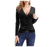 Cocila Ladies Long Sleeve Tops Wrap Velvet Neck Slim Deep Fit Tops Sexy Women V Sleeve Long Women's Blouse Spandex Long Sleeve Shirt Women (Black, S)