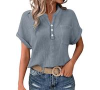 Cocila Ladies Tops 2025 Women's Summer Cotton Linen Cap Sleeve T-Shirt Button V Neck Henry Collar Tunic Tops Fashion Baggy Solid Plain Casual Shirts Trendy Blouse with Pocket