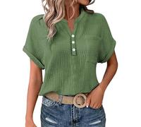 Cocila Ladies Tops 2025 Women's Summer Cotton Linen Cap Sleeve T-Shirt Button V Neck Henry Collar Tunic Tops Fashion Baggy Solid Plain Casual Shirts Trendy Blouse with Pocket