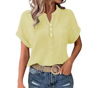 Cocila Ladies Tops 2025 Women's Summer Cotton Linen Cap Sleeve T-Shirt Button V Neck Henry Collar Tunic Tops Fashion Baggy Solid Plain Casual Shirts Trendy Blouse with Pocket