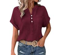 Cocila Ladies Tops 2025 Women's Summer Cotton Linen Cap Sleeve T-Shirt Button V Neck Henry Collar Tunic Tops Fashion Baggy Solid Plain Casual Shirts Trendy Blouse with Pocket