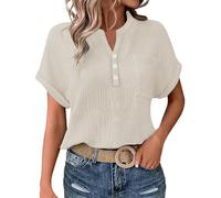 Cocila Ladies Tops 2025 Women's Summer Cotton Linen Cap Sleeve T-Shirt Button V Neck Henry Collar Tunic Tops Fashion Baggy Solid Plain Casual Shirts Trendy Blouse with Pocket