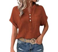 Cocila Ladies Tops 2025 Women's Summer Cotton Linen Cap Sleeve T-Shirt Button V Neck Henry Collar Tunic Tops Fashion Baggy Solid Plain Casual Shirts Trendy Blouse with Pocket