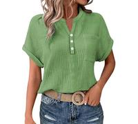 Cocila Ladies Tops 2025 Women's Summer Cotton Linen Cap Sleeve T-Shirt Button V Neck Henry Collar Tunic Tops Fashion Baggy Solid Plain Casual Shirts Trendy Blouse with Pocket
