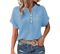 Cocila Ladies Tops 2025 Women's Summer Cotton Linen Cap Sleeve T-Shirt Button V Neck Henry Collar Tunic Tops Fashion Baggy Solid Plain Casual Shirts Trendy Blouse with Pocket