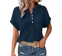 Cocila Ladies Tops 2025 Women's Summer Cotton Linen Cap Sleeve T-Shirt Button V Neck Henry Collar Tunic Tops Fashion Baggy Solid Plain Casual Shirts Trendy Blouse with Pocket
