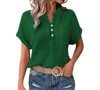 Cocila Ladies Tops 2025 Women's Summer Cotton Linen Cap Sleeve T-Shirt Button V Neck Henry Collar Tunic Tops Fashion Baggy Solid Plain Casual Shirts Trendy Blouse with Pocket B Green