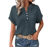 Cocila Ladies Tops 2025 Women's Summer Cotton Linen Cap Sleeve T-Shirt Button V Neck Henry Collar Tunic Tops Fashion Baggy Solid Plain Casual Shirts Trendy Blouse with Pocket