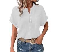 Cocila Ladies Tops 2025 Women's Summer Cotton Linen Cap Sleeve T-Shirt Button V Neck Henry Collar Tunic Tops Fashion Baggy Solid Plain Casual Shirts Trendy Blouse with Pocket C White