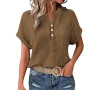 Cocila Ladies Tops 2025 Women's Summer Cotton Linen Cap Sleeve T-Shirt Button V Neck Henry Collar Tunic Tops Fashion Baggy Solid Plain Casual Shirts Trendy Blouse with Pocket