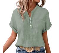 Cocila Ladies Tops 2025 Women's Summer Cotton Linen Cap Sleeve T-Shirt Button V Neck Henry Collar Tunic Tops Fashion Baggy Solid Plain Casual Shirts Trendy Blouse with Pocket