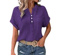 Cocila Ladies Tops 2025 Women's Summer Cotton Linen Cap Sleeve T-Shirt Button V Neck Henry Collar Tunic Tops Fashion Baggy Solid Plain Casual Shirts Trendy Blouse with Pocket