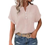 Cocila Ladies Tops 2025 Women's Summer Cotton Linen Cap Sleeve T-Shirt Button V Neck Henry Collar Tunic Tops Fashion Baggy Solid Plain Casual Shirts Trendy Blouse with Pocket B Pink