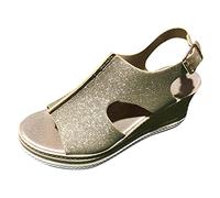 Cocila Ladies Wide Fit Sandals Fashion Solid Color Leather Sequin Open Toe Buckle Heel (Gold, 6) For Women Womens Size 7 Shoes Fitting Lace Up Indian Tan Heeled Uk Yellow Jesus White Shoe Beige