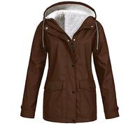Cocila Ladies Windproof Rain Jacket Women Solid Plush Rain Outdoor Plus Size Hooded Raincoat Windproof Jacket Coat Fleece Collar Jacket Women (Brown, XXXXL)
