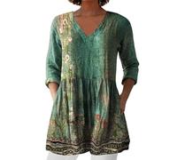 Cocila Lightning Deals of The Day Womens Linen Tops with Pockets Summer Vintage Floral Printed Tunic Top V Neck 3/4 Sleeve T-Shirt Baggy Swing Tee Shirts Casual Trendy Plus Size Clearance Bargains
