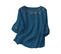 Cocila Linen Tops for Women UK Casual Office Blouses Floral Embroidered Top Cotton Holiday Shirts Boho Ethnic Style Tee Women 3/4 Sleeve V Neck Tunic Tshirt Navy 3XL
