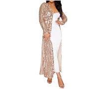 Cocila Long Cardigans for Women UK Women Long Sleeve O Neck Dress Sequin Applique Dress Long Sleeved Ankle Length Cardigan Cloak Dresses Acrylic Cardigan (Beige, M)