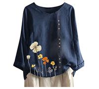 Cocila Long Sleeve Blouses for Women UK Elegant Women Loose T Shirt Button Sleeve Long O Neck Print Blouse Top Floral Casual Women's Blouse Long Sleeve Summer Shirt (Navy, XXL)