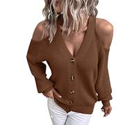 Cocila Long Sleeve Tops Women Women Fashion Sexy Cold Shoulder Button Knit Sweater Cardigan Long Sleeve Top Ladies Tee (Coffee, M)
