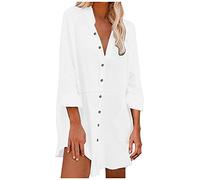 Cocila Long Tunic for Women Ladies Loose Solid Color Long Sleeve Tops Casual V Neck Button Down Shirts Blouse with Pockets White