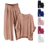 Cocila Loungewear Sets for Women Baggy Summer Two Piece Outfits Long Sleeve V Neck Blouses & Wide Leg Trousers Ladies Oversized Tracksuit Sets Cotton Linen Suits Pyjamas Set 2 Piece Co Ords XL