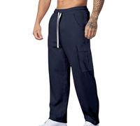 Cocila Men's Fall/Winter Loose Corduroy Wide Leg Casual Cargo Pants Boy Apparel (Navy, L) Track Suit Bottoms Mens Winter Work Trousers Linen 25 Inch for Men Multi High Stretch Army Surplus