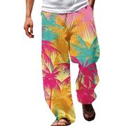 Cocila Men's Linen Pants Coconut Tree Printed Straight Leg Trousers Causal Baggy Summer Beach Travel Yoga Pantss Mens (Hot Pink, XL) Jogging Cargo Loose Fit Elasticated for Men Lightweight UK