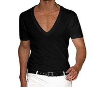 Cocila Mens Plain T Shirts Neck Solid Color Pullover Casual Men Shirt Sexy Deep V Slim Fit Tops for Work Summer Short Sleeve Tunic