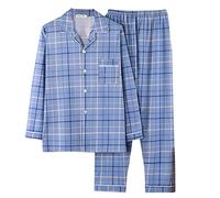 Cocila Pajamas for Men 2 Pack Pure Cotton Woven Plaid Coarse Fabric Home Wear Long Sleeved Cardigan Boy Apparel Pj for Men Fathers Day Pyjamas mens Set Light Blue 4XL
