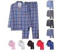 Cocila Pajamas for Men 2 Pack Pure Cotton Woven Plaid Coarse Fabric Home Wear Long Sleeved Cardigan Boy Apparel Pj for Men Fathers Day Pyjamas mens Set Blue L